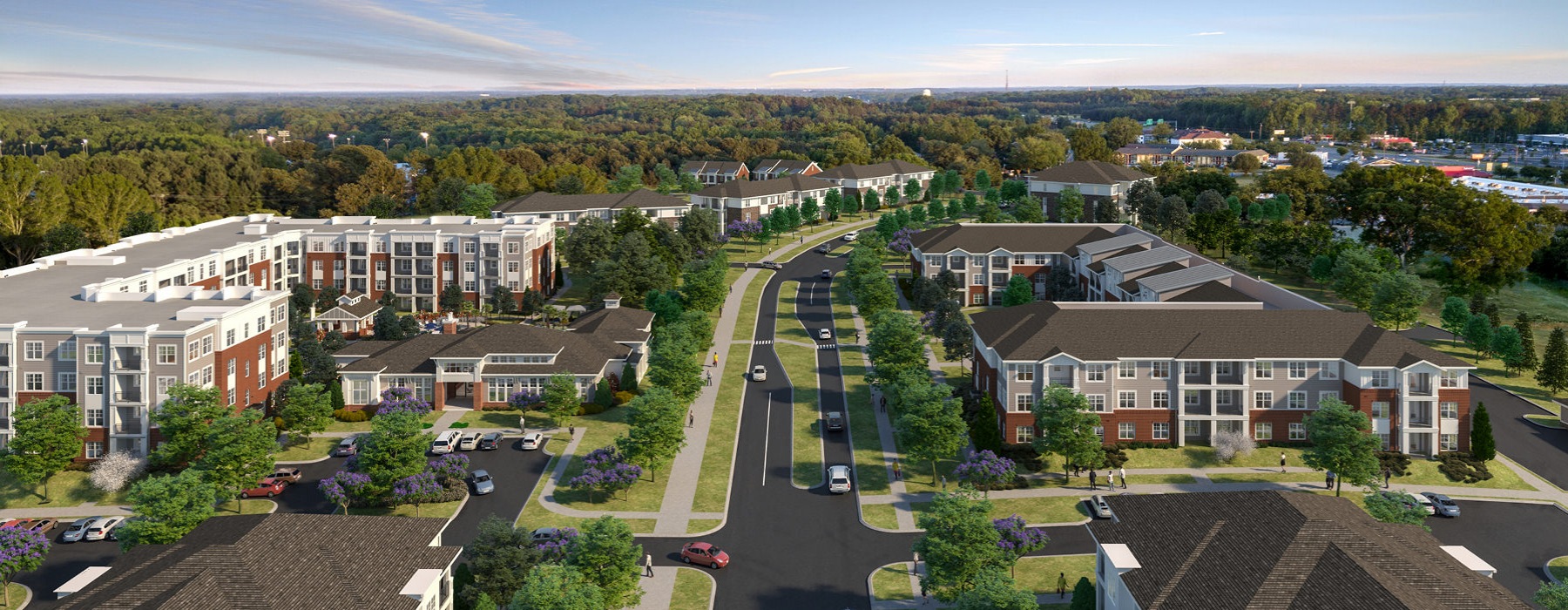 property rendering of Matthews Square and surrounding neighborhood populated with mature trees