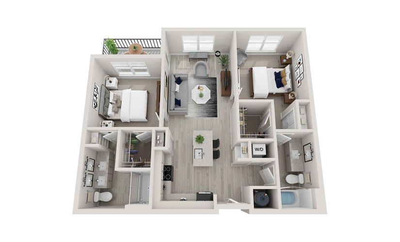 B1 - 2 bedroom floorplan layout with 2 bathrooms and 1025 square feet