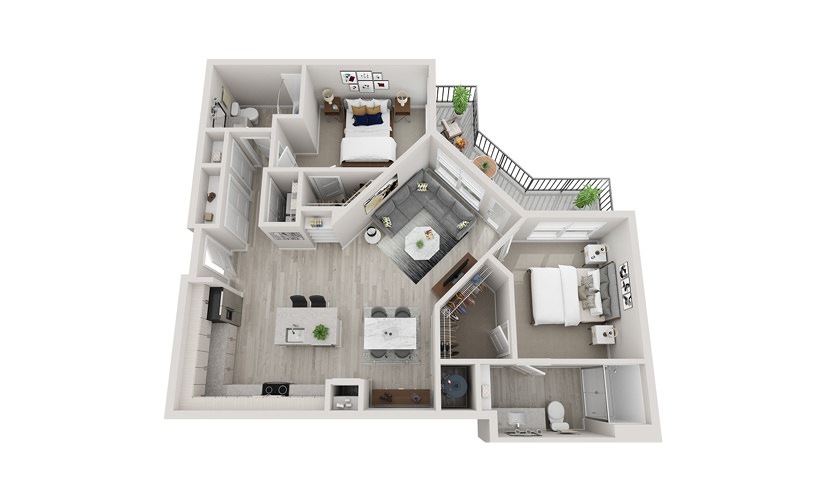B5 - 2 bedroom floorplan layout with 2 bathrooms and 1214 square feet